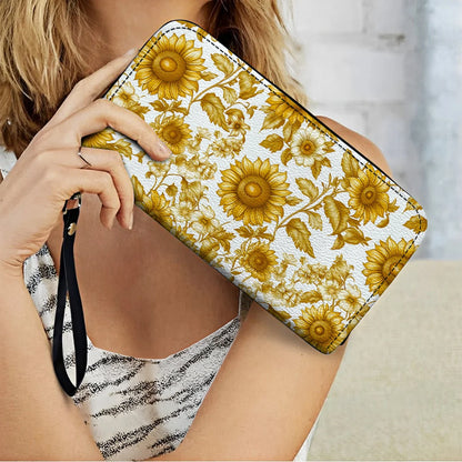 Shineful Leather Clutch Purse With Wristlet Strap Handle Golden Sunflower Bloom