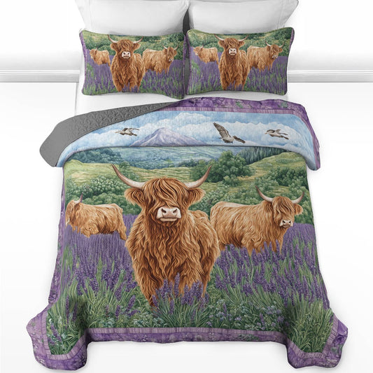 Shineful All Season Quilt 3-Piece Set - Highland Cows In Lavender Field