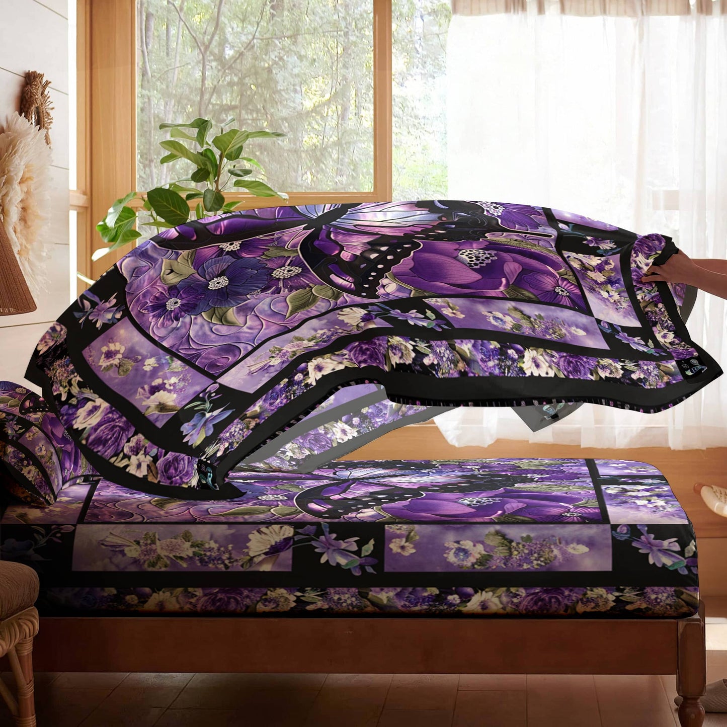 Shineful 4-Piece Bed Sheet Set Gorgeous Purple Butterfly Flowers