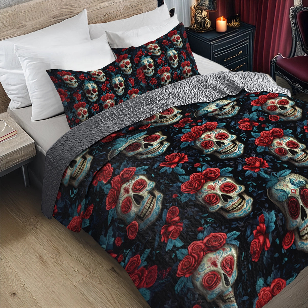 Shineful All Season Quilt 3-Piece Set - Sugar Skull & Roses Noir