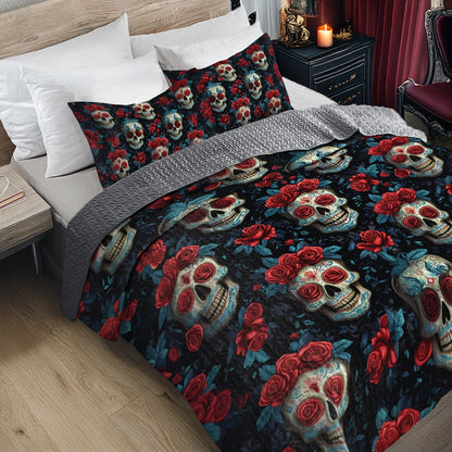 Shineful All Season Quilt 3-Piece Set - Sugar Skull & Roses Noir