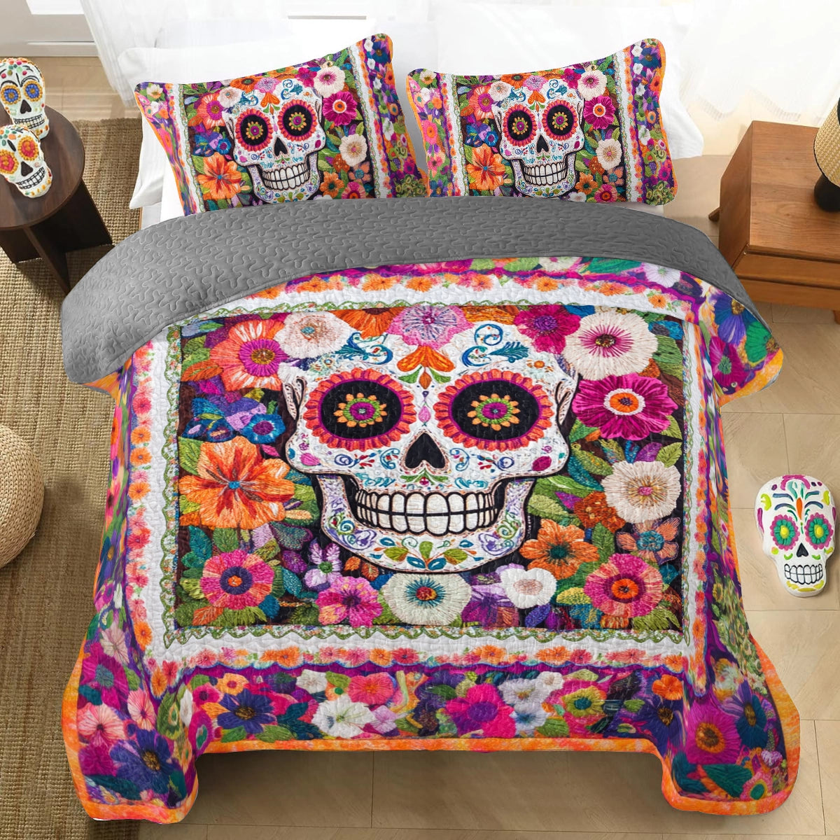 Shineful All Season Quilt 3-Piece Set Day of The Dead Bloom