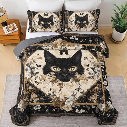 Shineful All Season Quilt 3-Piece Set - Mystical Black Cat