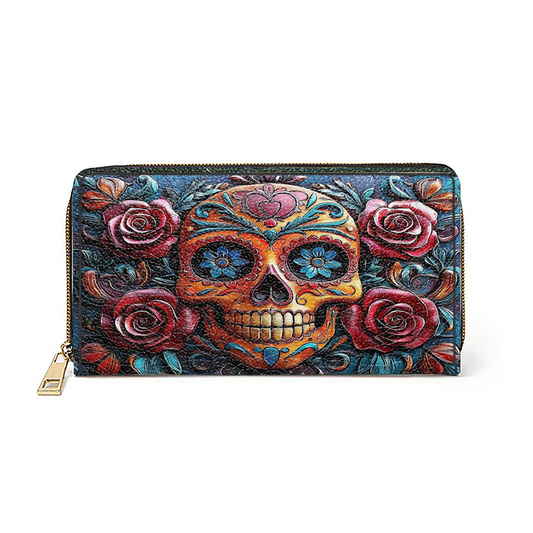 Shineful Leather Clutch Purse With Wristlet Strap Handle Vivid Skull and Roses