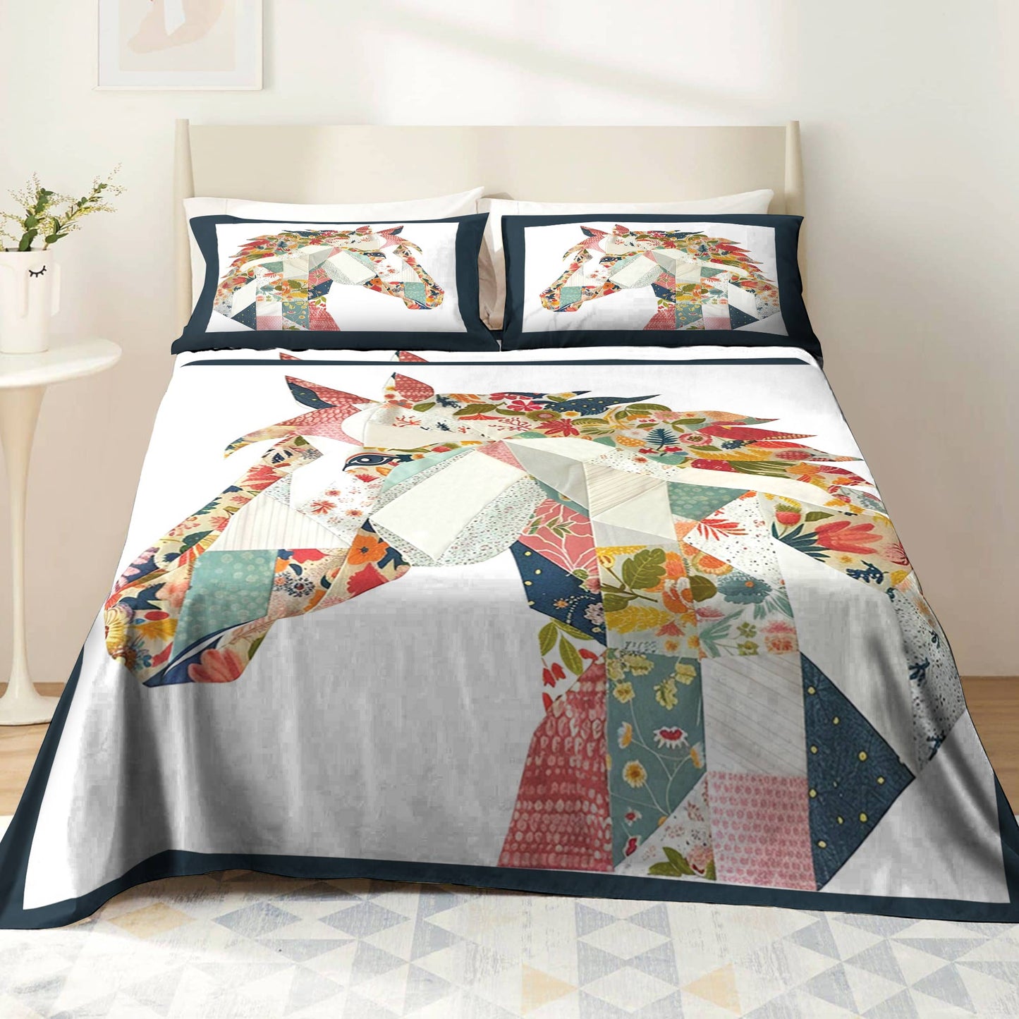 Shineful 4-Piece Bed Sheet Set Charming Floral Horse