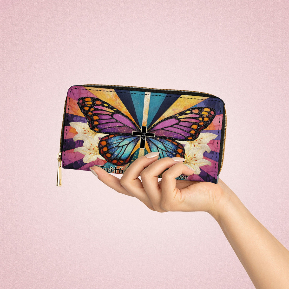 Shineful Leather Clutch Purse With Wristlet Strap Handle Wings Of Faith