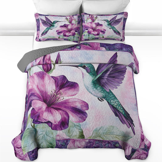 Shineful All Season Quilt 3-Piece Set Green Hummingbird & Purple Floral