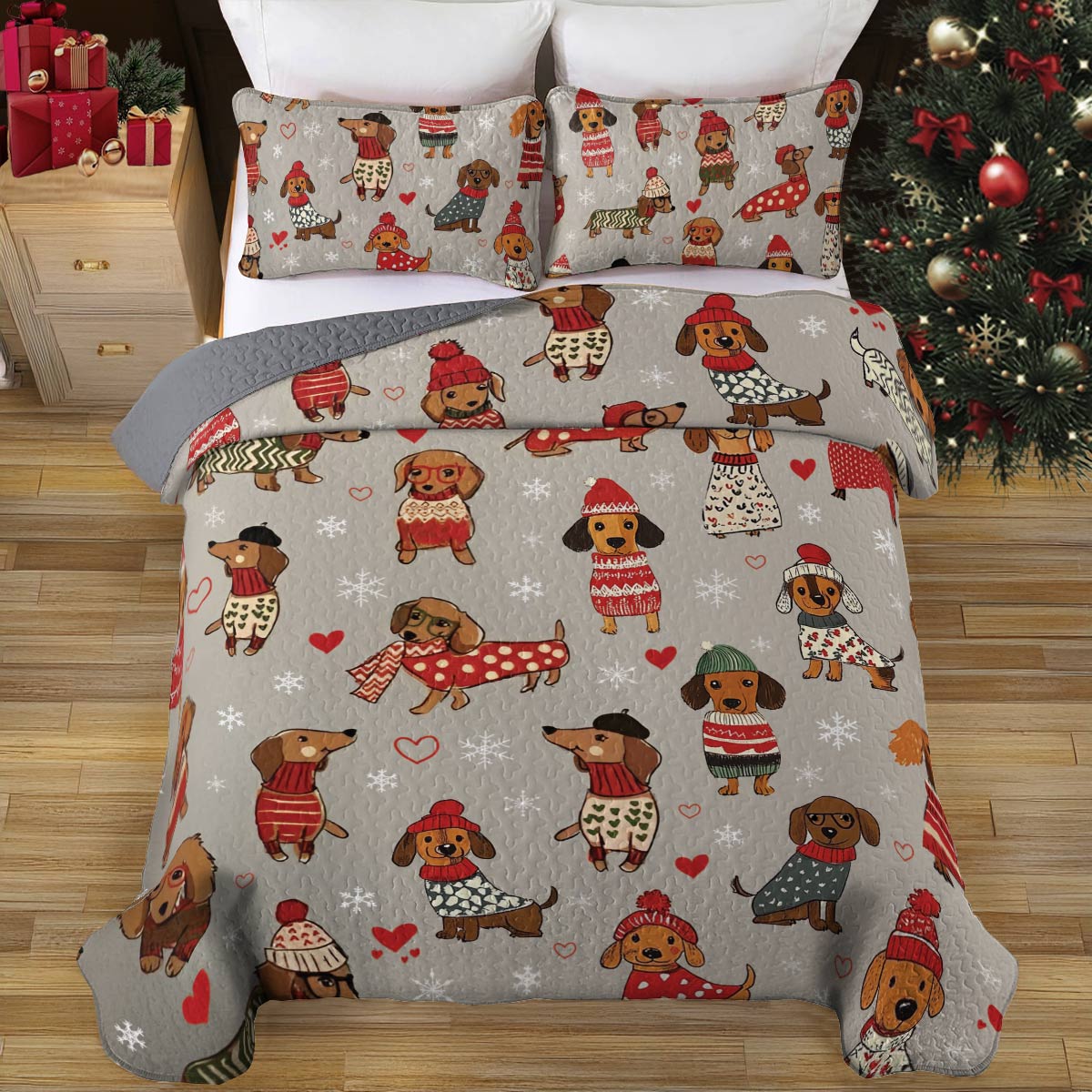 Shineful All Season Quilt 3-Piece Set Dachshunds in Red