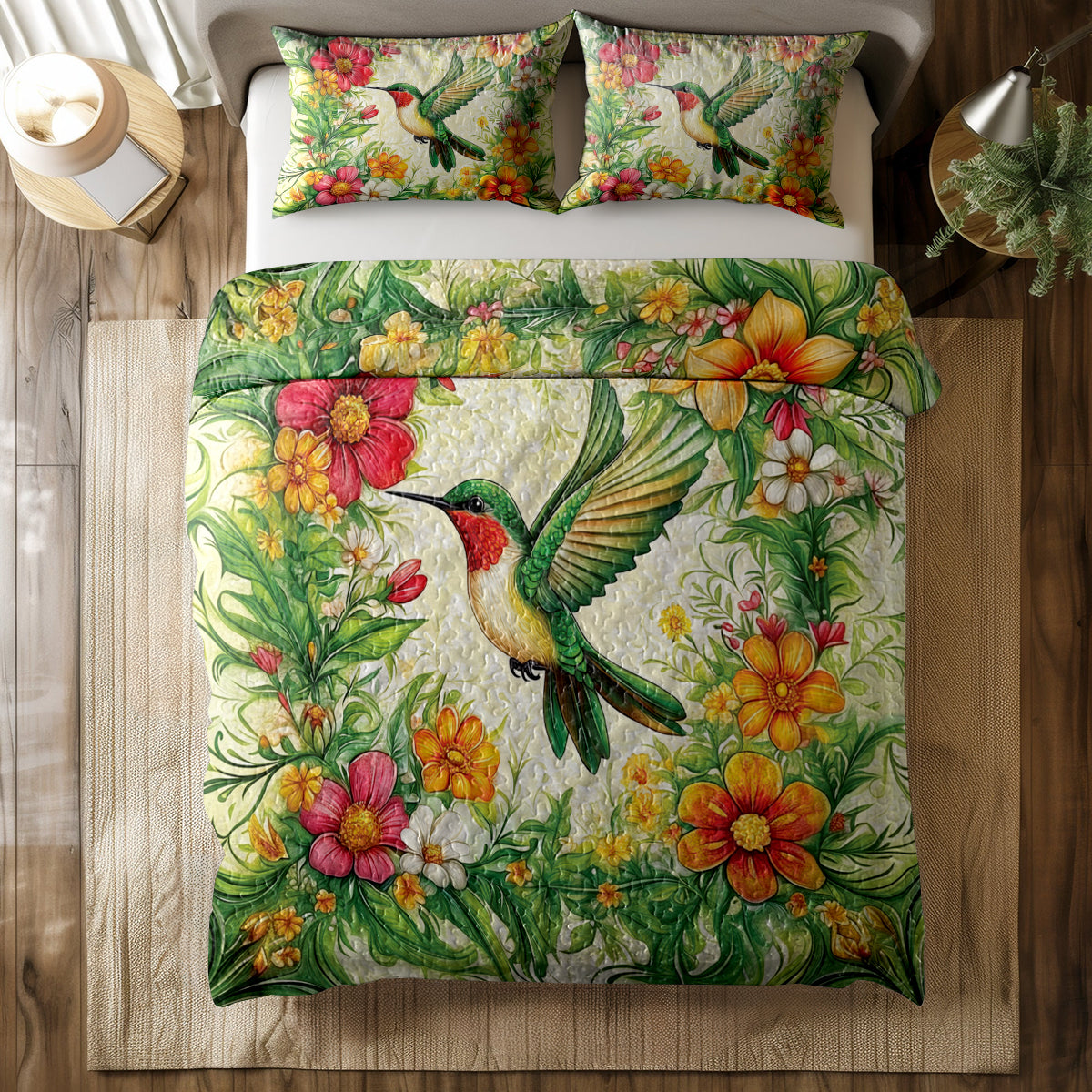 Shineful All Season Quilt 3-Piece Set Hummingbird In Spring Forest