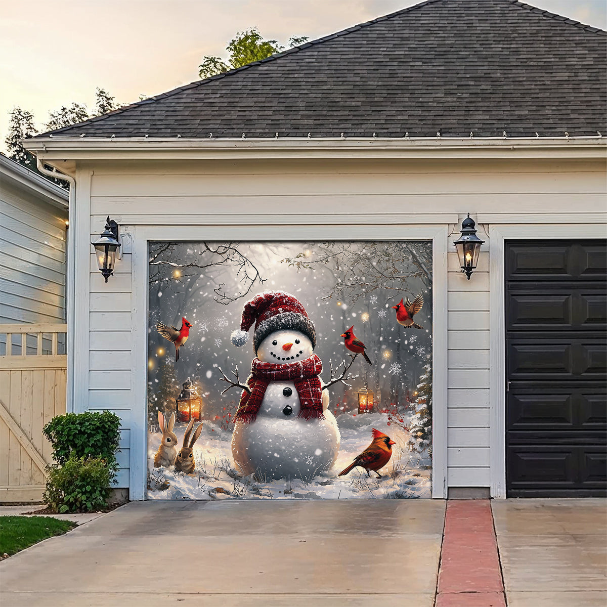 Shineful Garage Door Banner Decoration Winter Forest Snowman With Cardinals