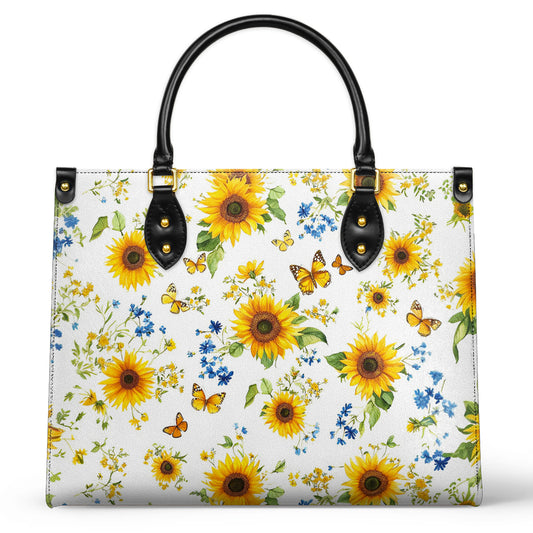 Glänzende Ledertasche Kleine Sonnenblume und Schmetterling