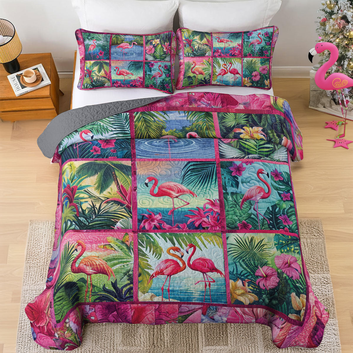 Ensemble de courtepointe toutes saisons Shineful 3 pièces Lush Flamingo