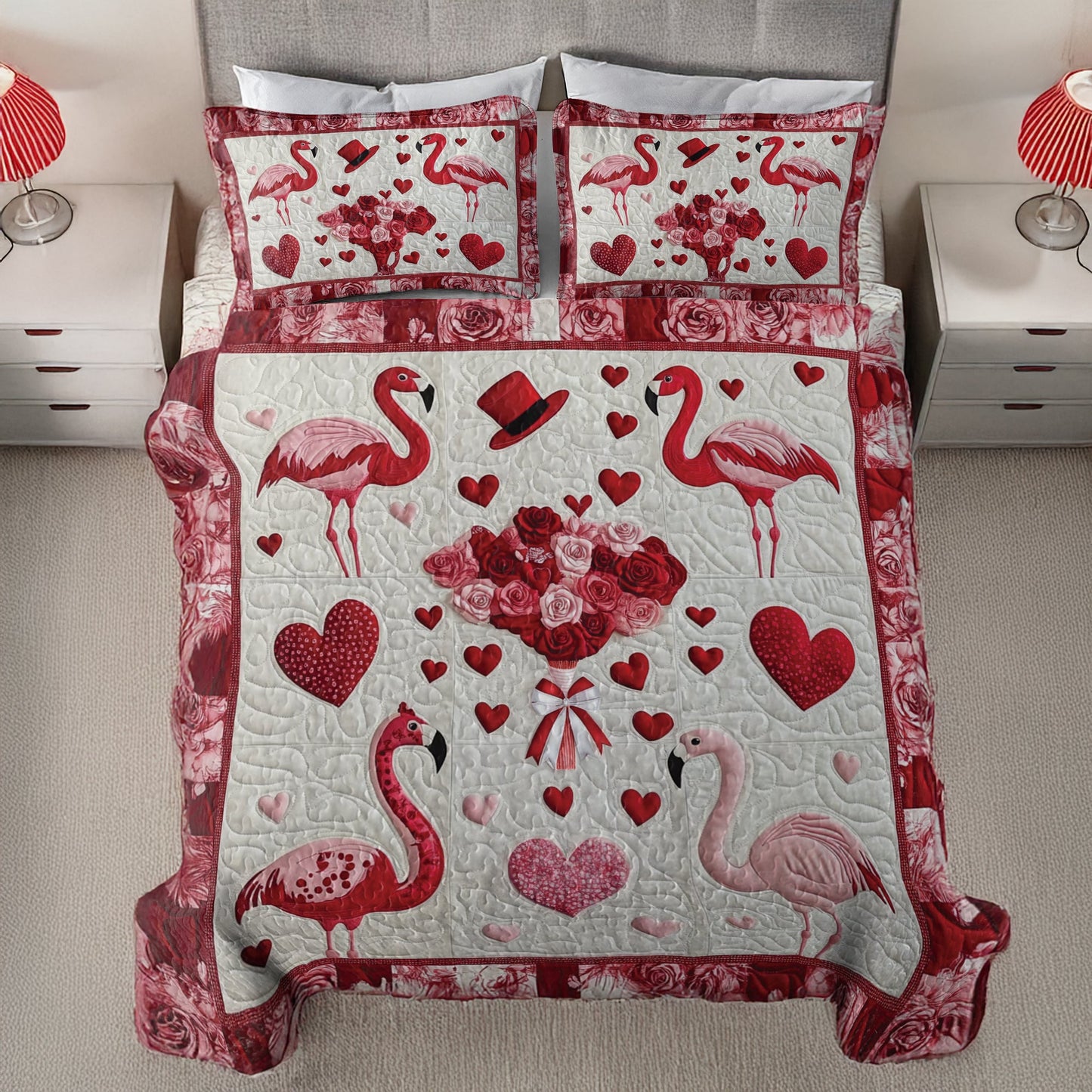 Shineful Flat Print All Season Quilt 3-Piece Set - Romantic Flamingo