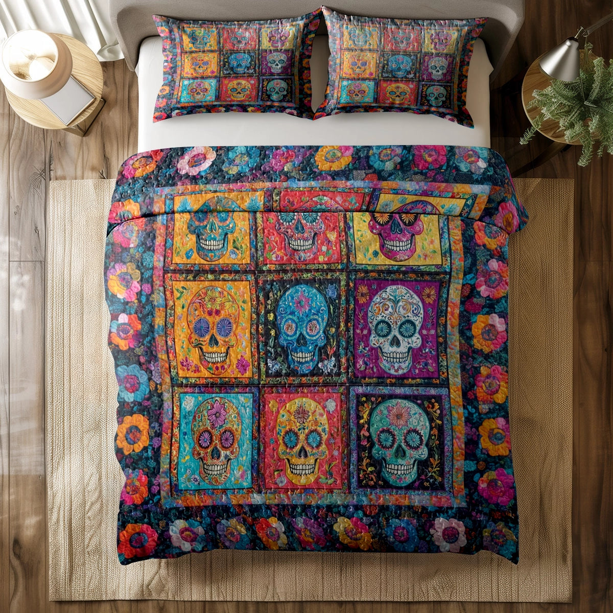 Shineful All Season Quilt 3-Piece Set - Vibrant Sugar Skull