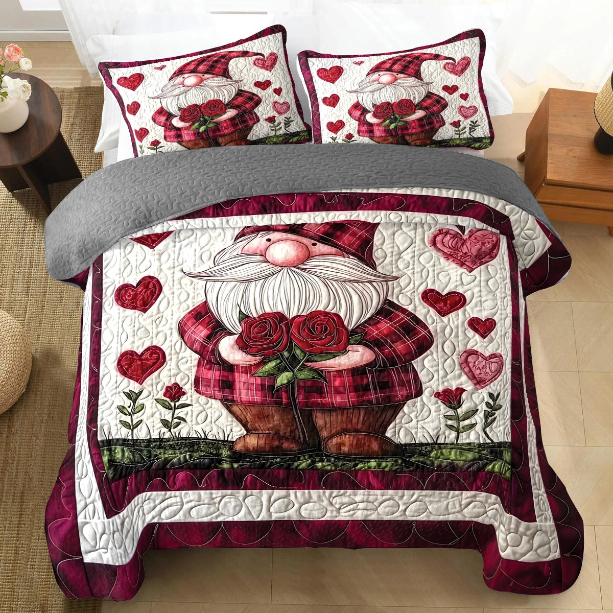 Shineful All Season Quilt 3-Piece Set Valentine Cuddle Heart Gnome