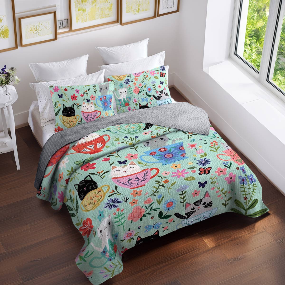 Shineful All Season Quilt 3-Piece Set Cat Cups