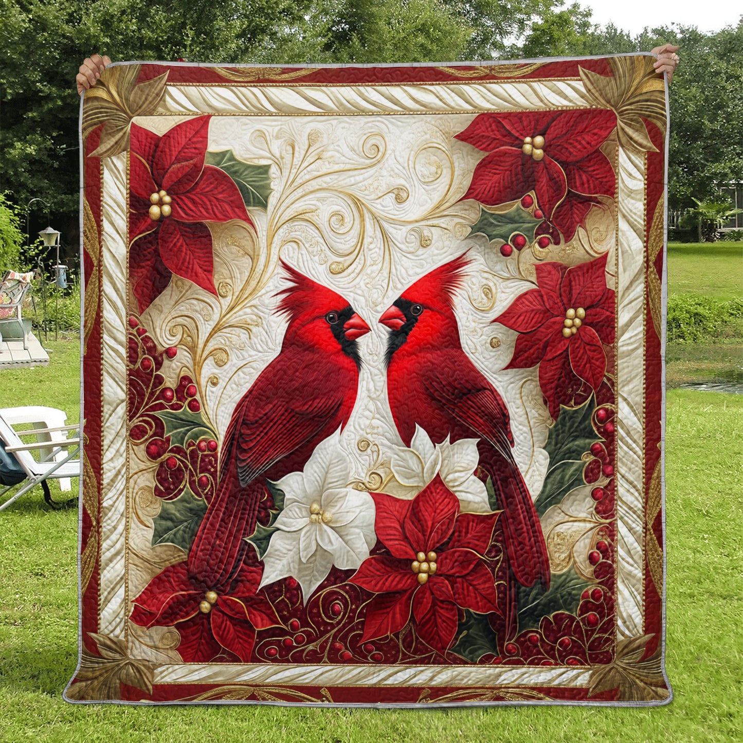 Shineful Flat Print Faux Quilt Blanket Cardinal Couple