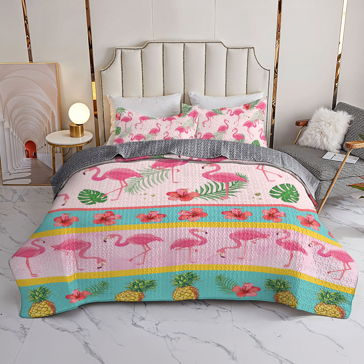 Shineful All Season Quilt 3-Piece Set Tropical Flamingo Bliss