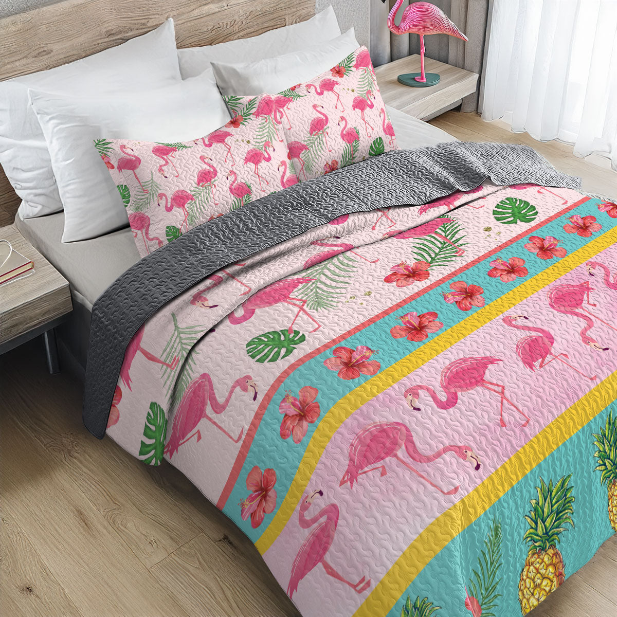 Shineful All Season Quilt 3-Piece Set Tropical Flamingo Bliss