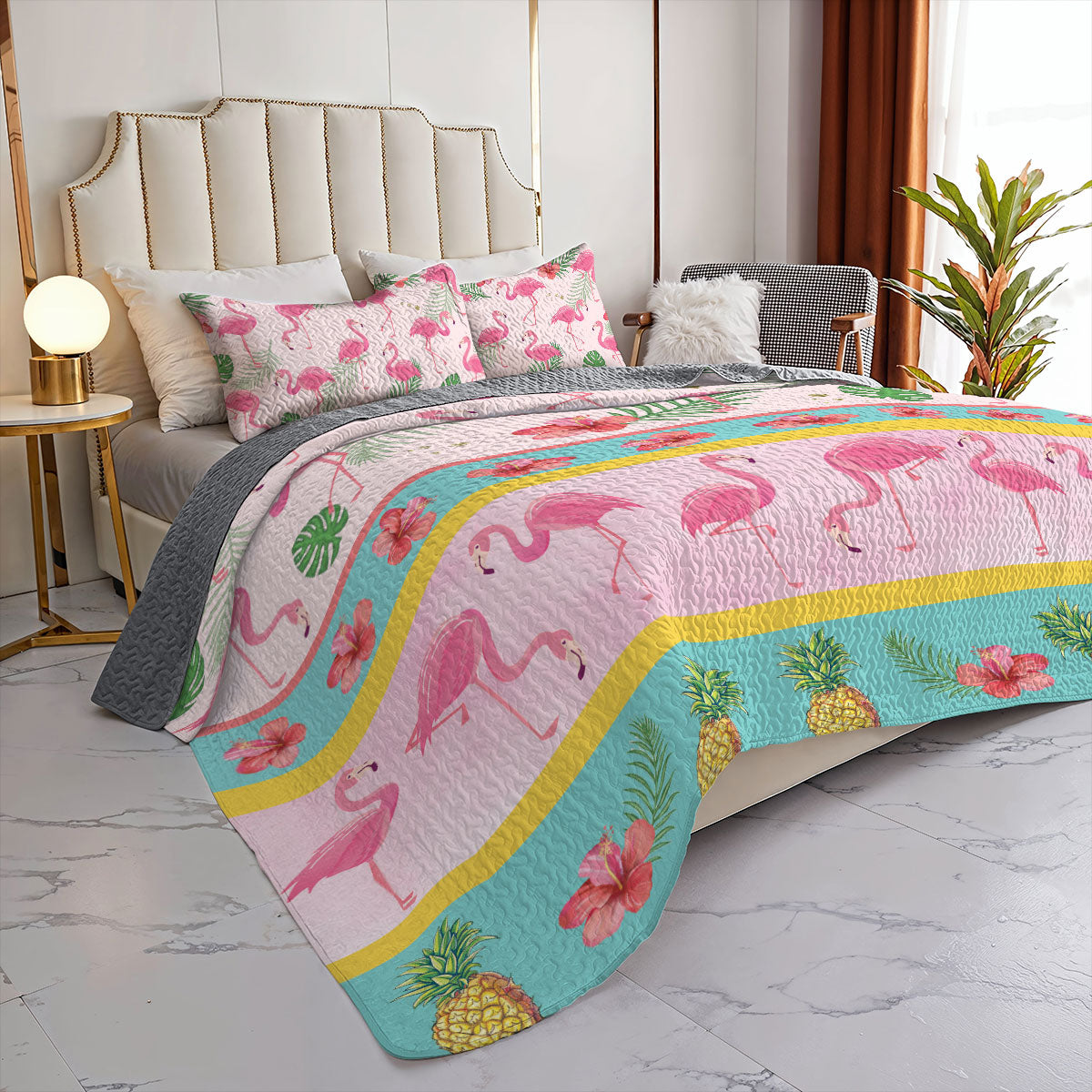 Shineful All Season Quilt 3-Piece Set Tropical Flamingo Bliss