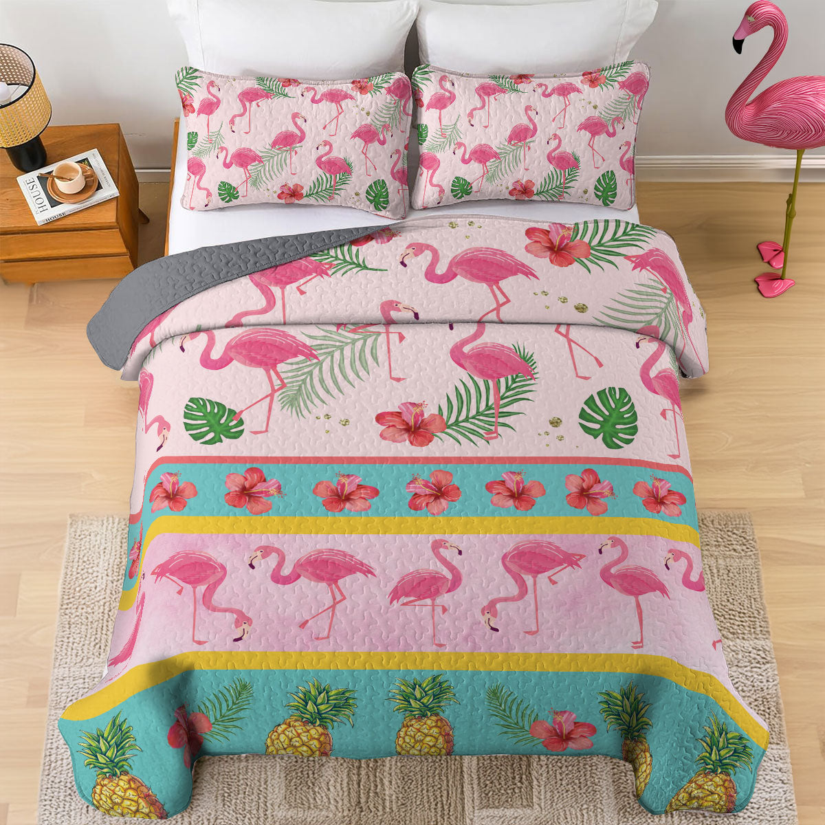 Ensemble de courtepointe toutes saisons Shineful 3 pièces Tropical Flamingo Bliss