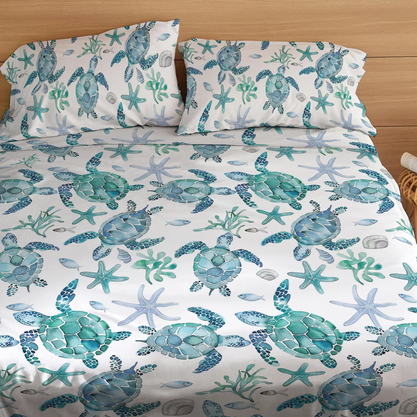 Shineful 4-Piece Bed Sheet Set - Sea Turtle Blue Flow