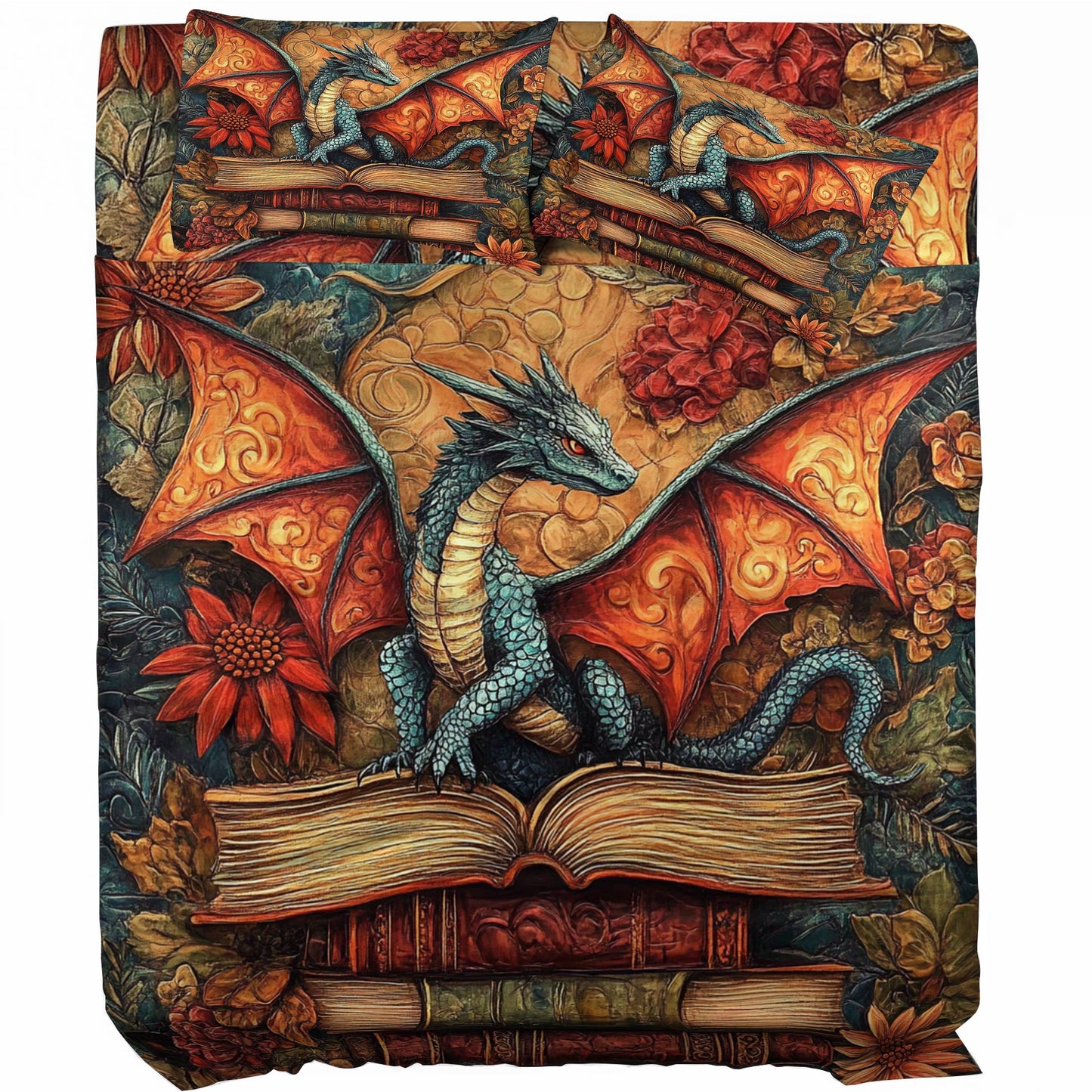 Shineful 4-Piece Bed Sheet Set Glorious A Stack Of Books With A Dragon