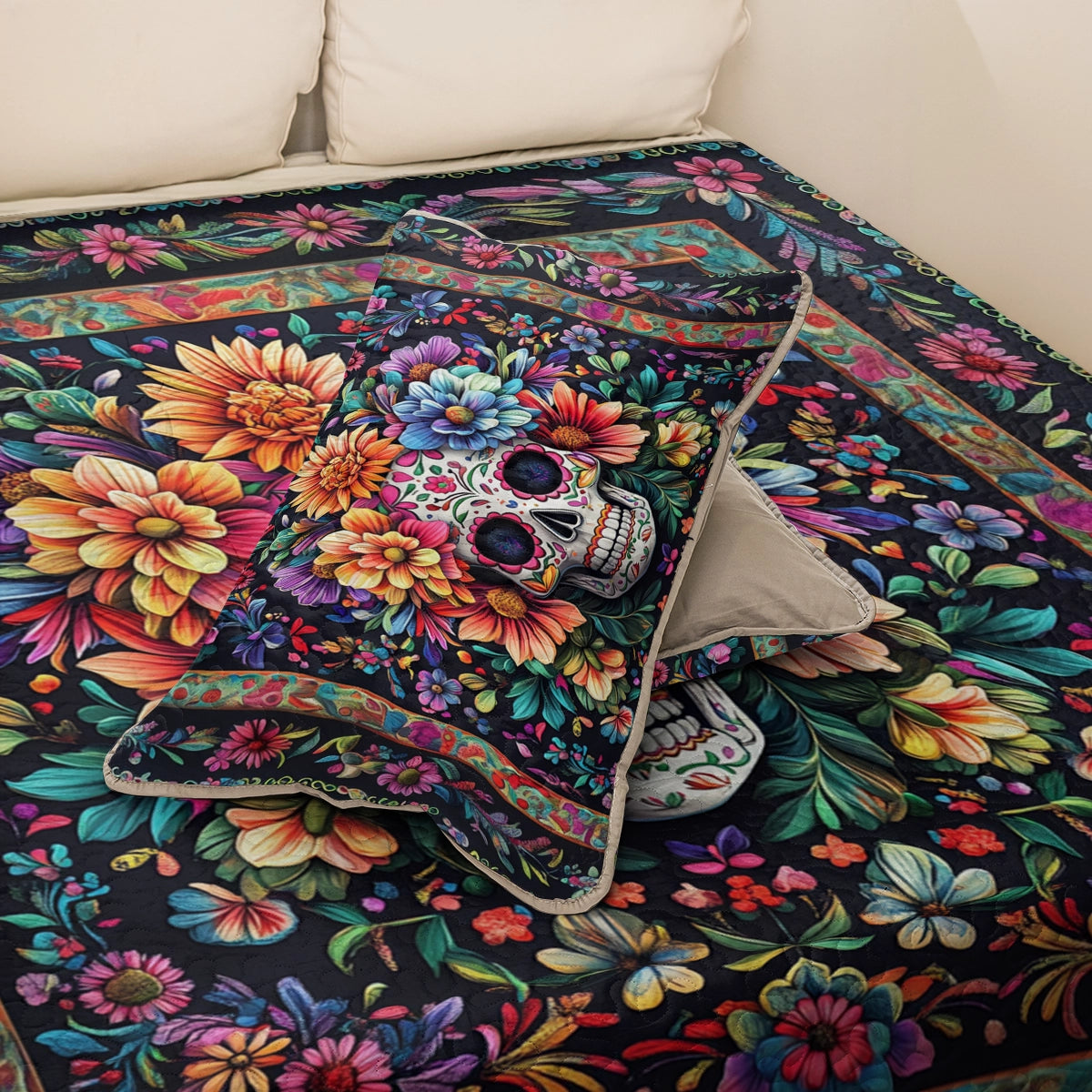 Shineful All Season Quilt 3-teiliges Set Sugar Skull Blossom