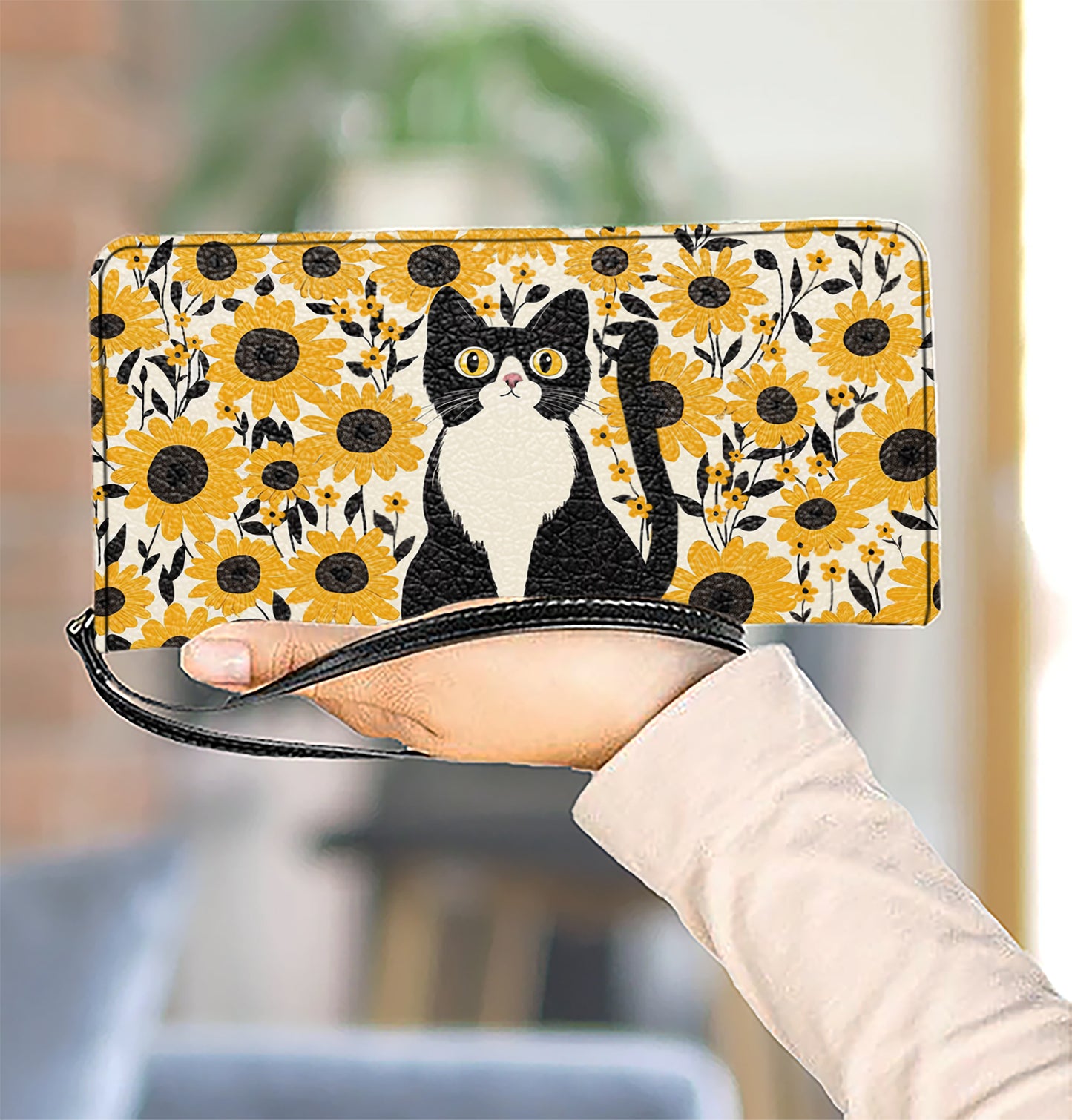 Shineful Leather Clutch Purse With Wristlet Strap Handle Shineful Leather Bag Cat In Sunflower Garden