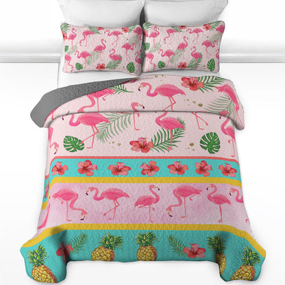 Ensemble de courtepointe toutes saisons Shineful 3 pièces Tropical Flamingo Bliss