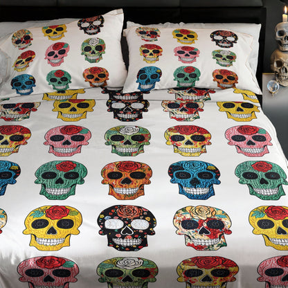 Shineful 4-Piece Bed Sheet Set - Colorful Sugar Skull Roses