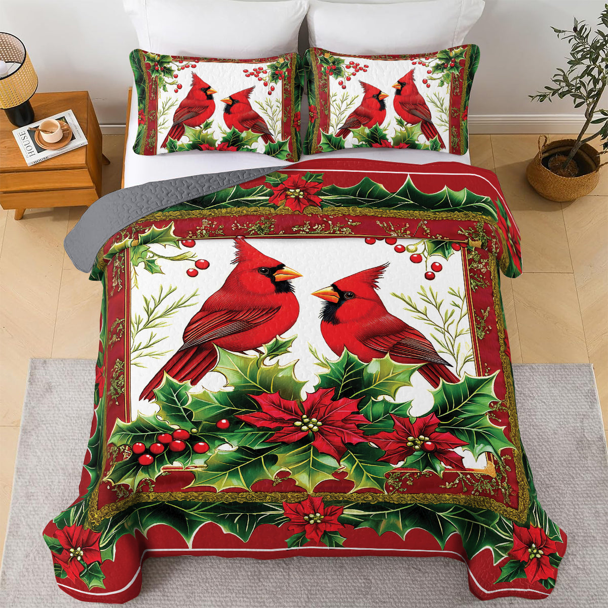 Shineful All Season Quilt 3-Piece Set - Winter Cardinals and Holly Christmas