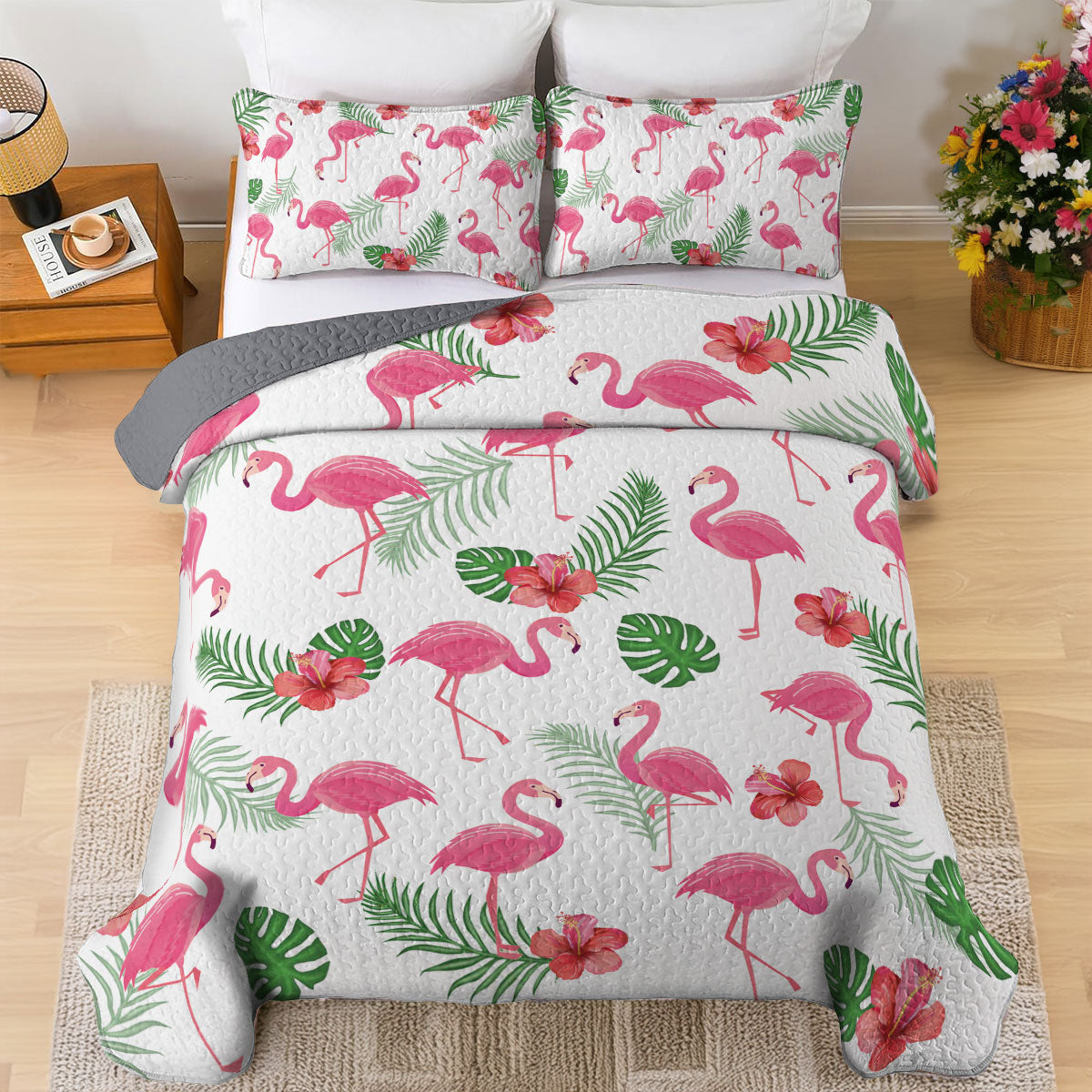 Shineful All Season Quilt 3-Piece Set Flamingo Hibiscus