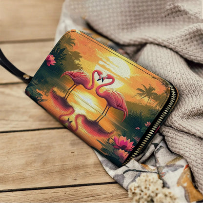 Shineful Leather Clutch Purse With Wristlet Strap Handle Flamingo Sunset Love