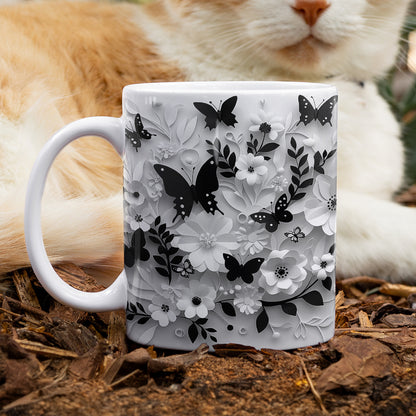 Shineful Ceramic Mug Monochrome Elegance: Floral Butterfly