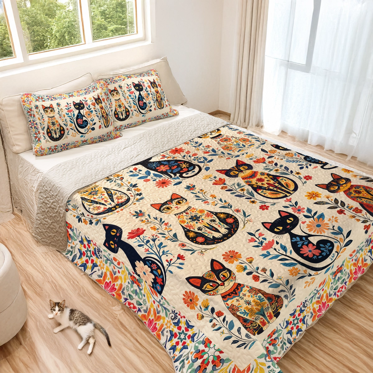 Shineful All Season Quilt 3-Piece Set - Purr-fectly Floral Cat