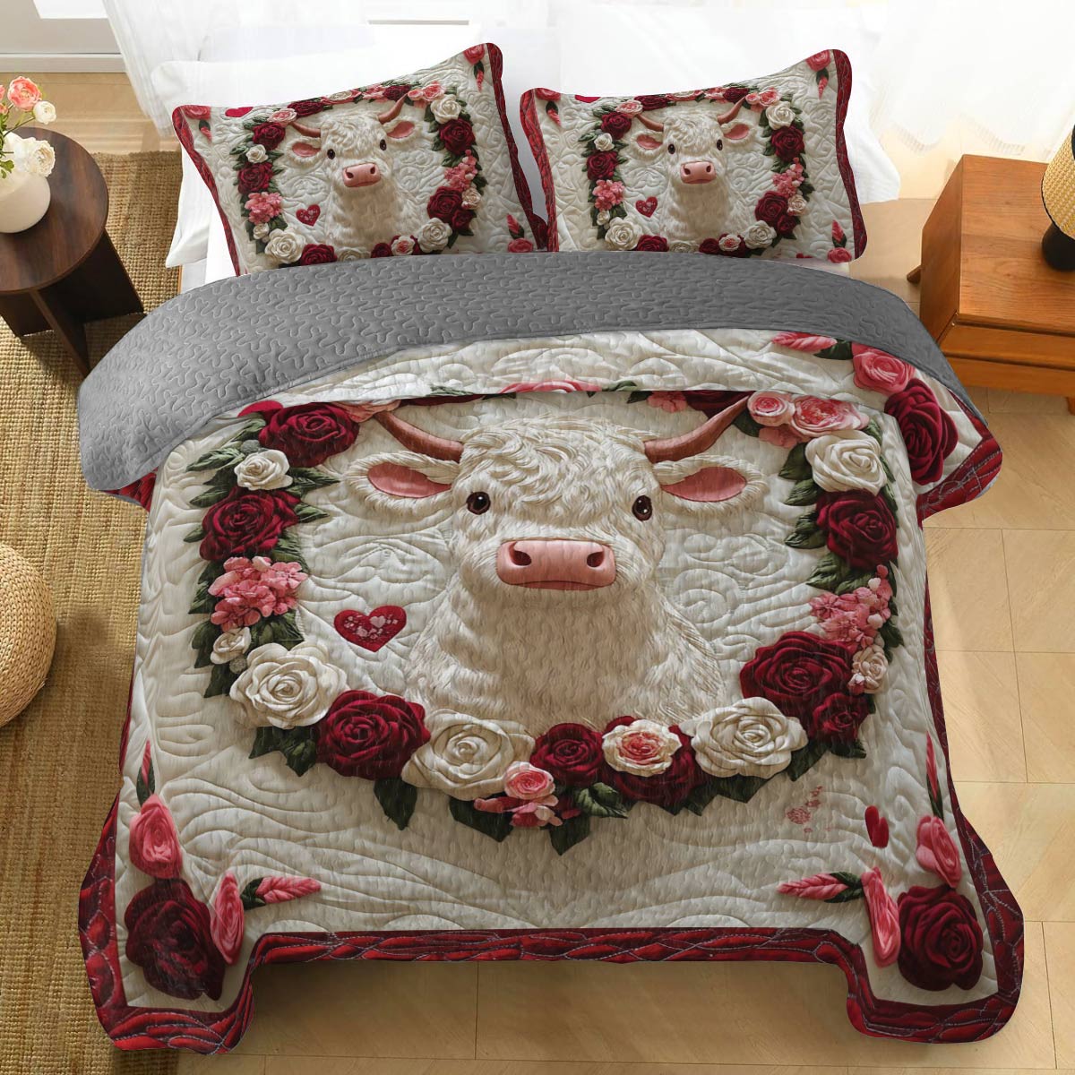 Shineful All Season Quilt 3-Piece Set Cow Rose