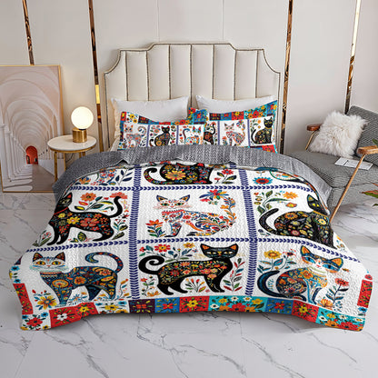 Glänzendes 3-teiliges Quilt-Set für alle Jahreszeiten – Folk Art Feline Quilt