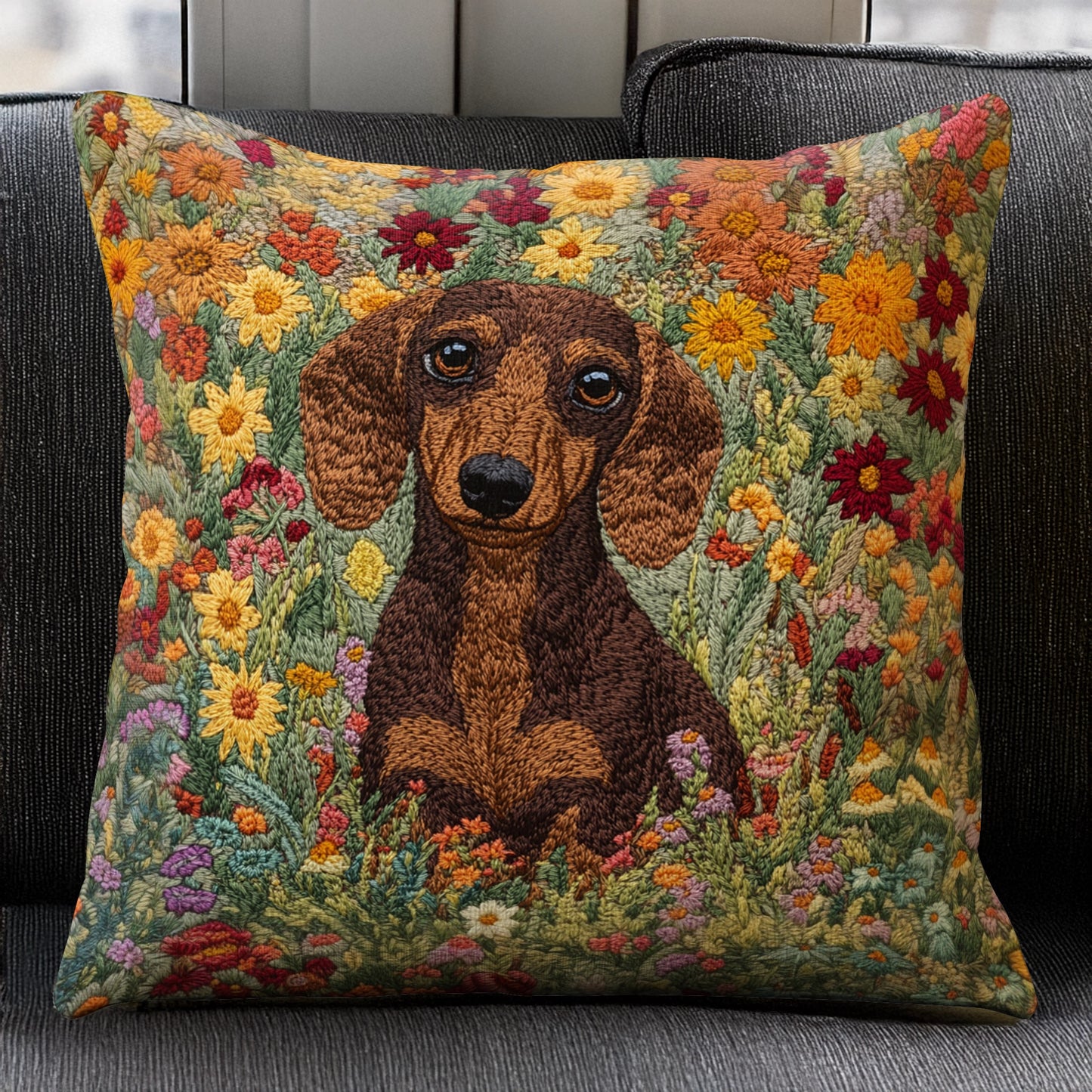 Shineful Pillow 2D Flat Print Blooming Dachshund Delight