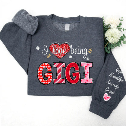 Shineful Fleece Crewneck Sweatshirt Personalized I Love Being Gigi Heart With Grandkids Names On Sleeve Sweatshirt