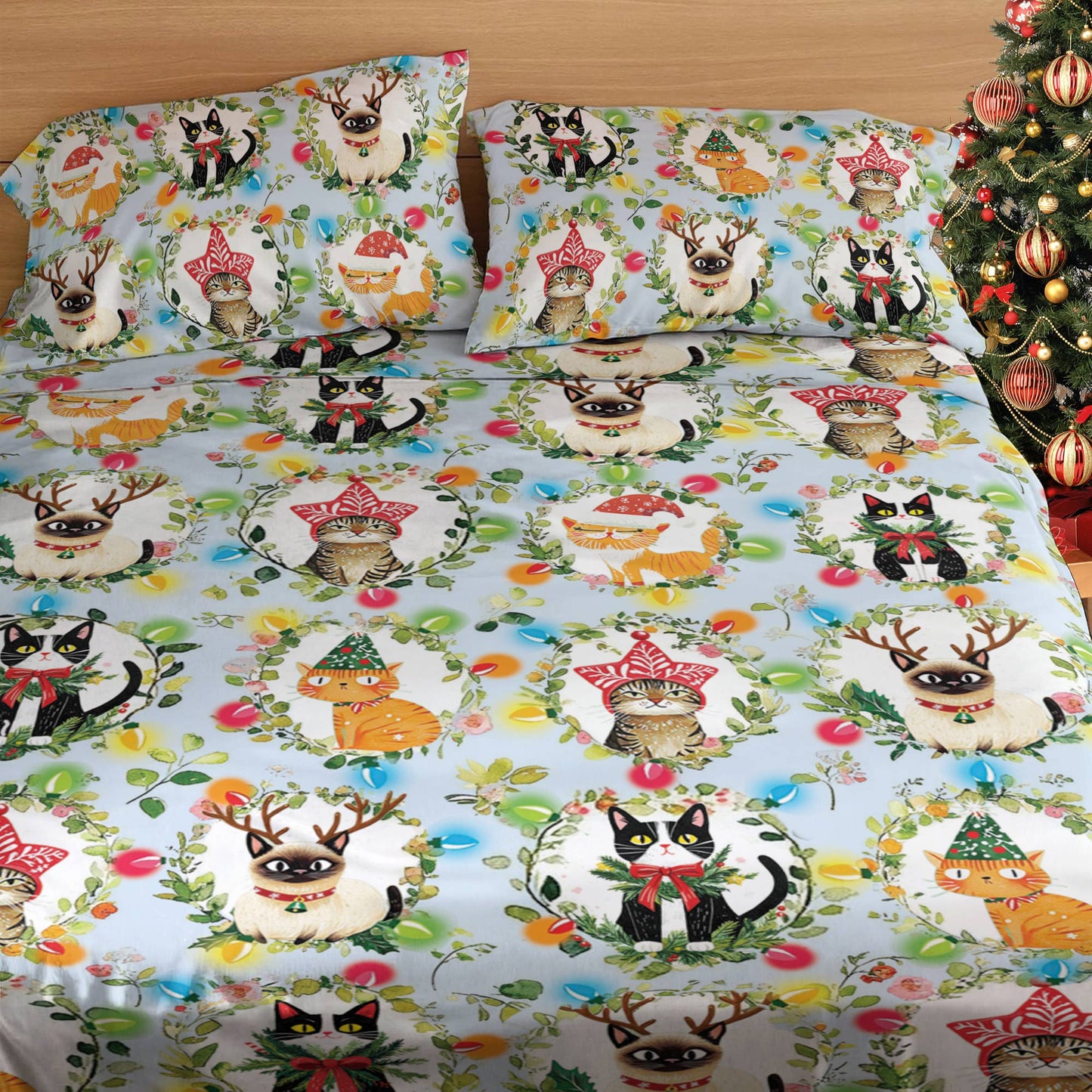 Shineful 4-Piece Bed Sheet Set Cat Christmas Collection