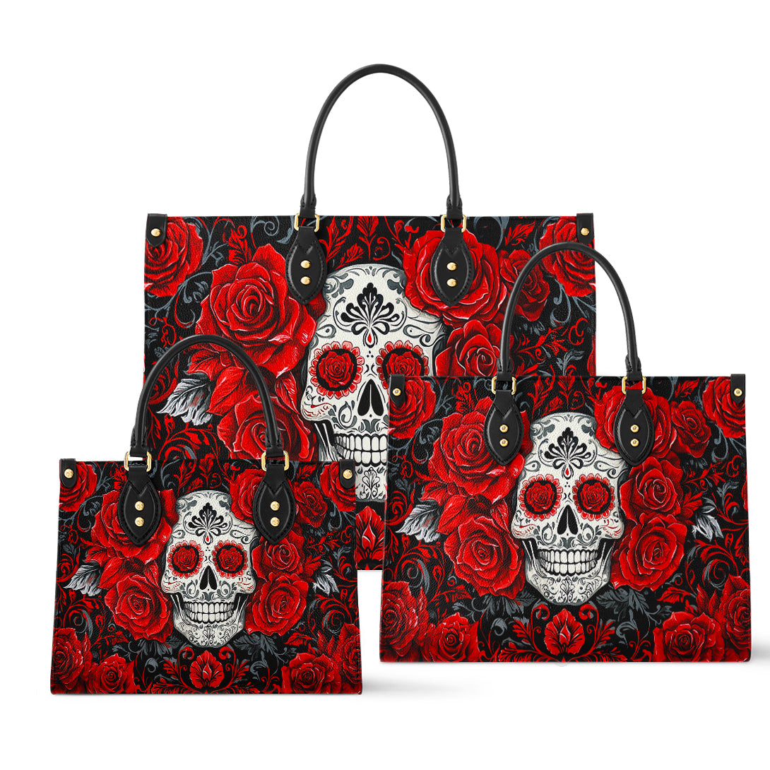 Sac en cuir brillant avec tête de mort et roses rouges élégantes