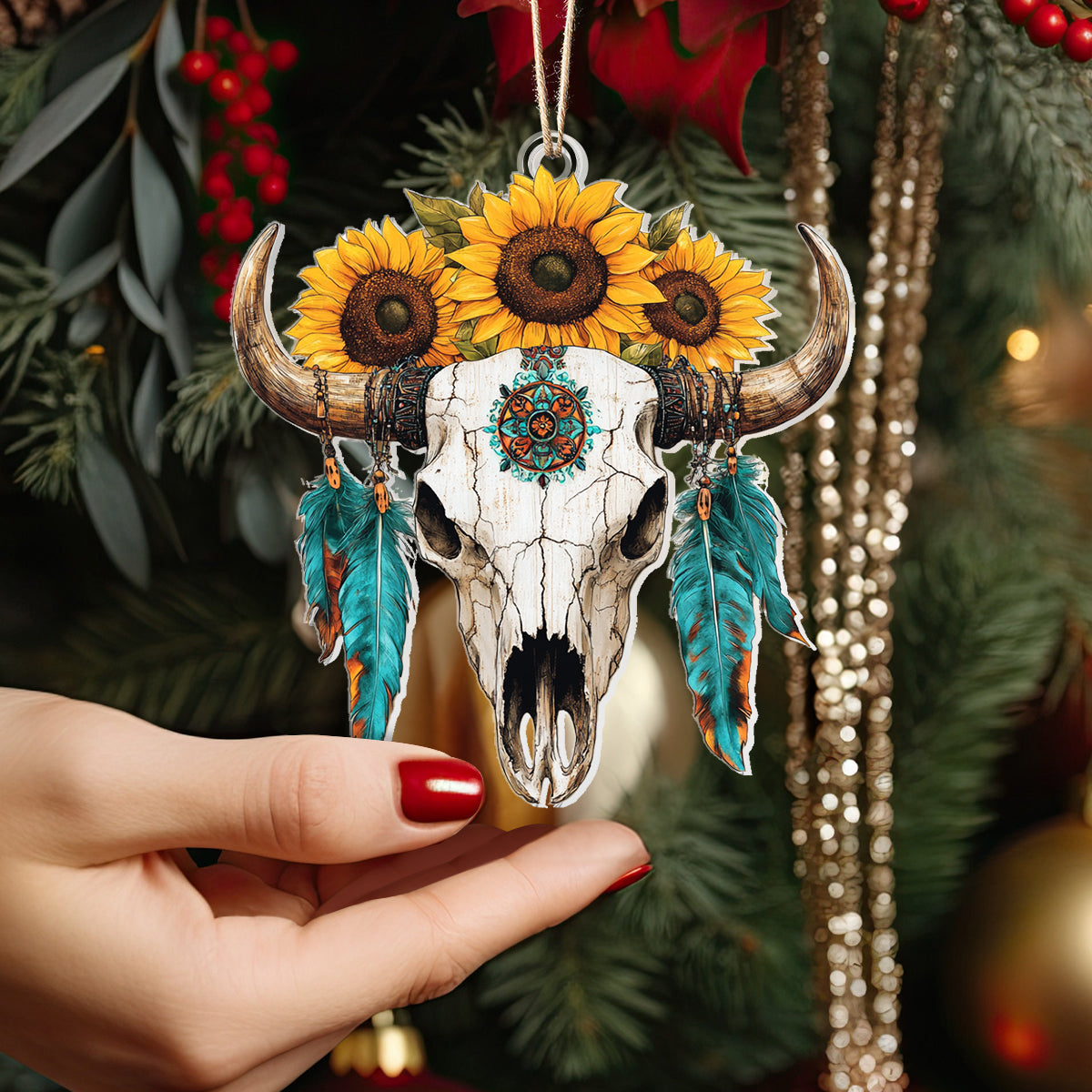 Shineful 2D Acrylic Ornament Bull Skull And Sunflower