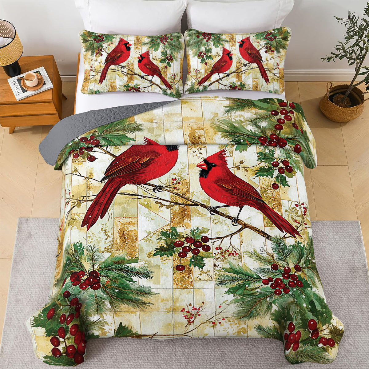 Shineful All Season Quilt 3-Piece Set - Cardinal Evergreen Quilt