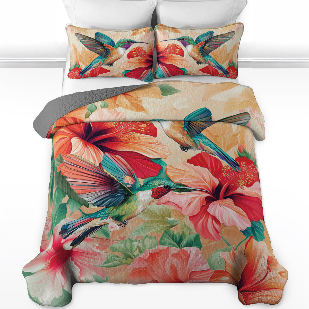 Shineful All Season Quilt 3-Piece Set Hummingbird and Hibiscus