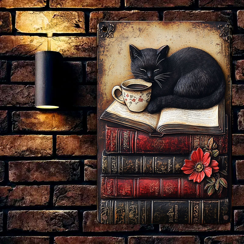 Shineful 2D Metal Sign Vintage Black Cat Books