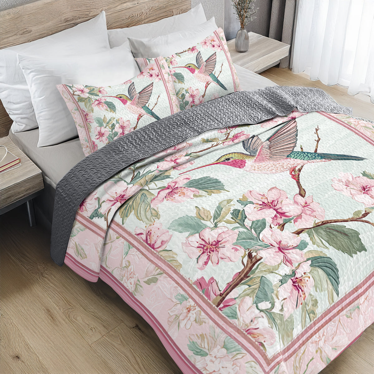 Shineful All Season Quilt 3-Piece Set Floral Spring Hummingbird