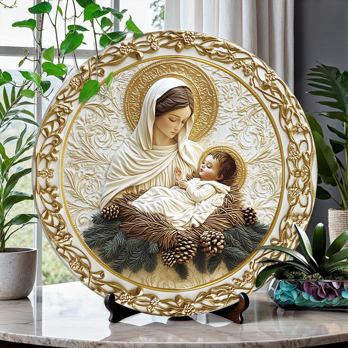 Shineful 2D Wooden Plaque, Hanging Decor, Door Sign - Mother’s Embrace Mary & Jesus