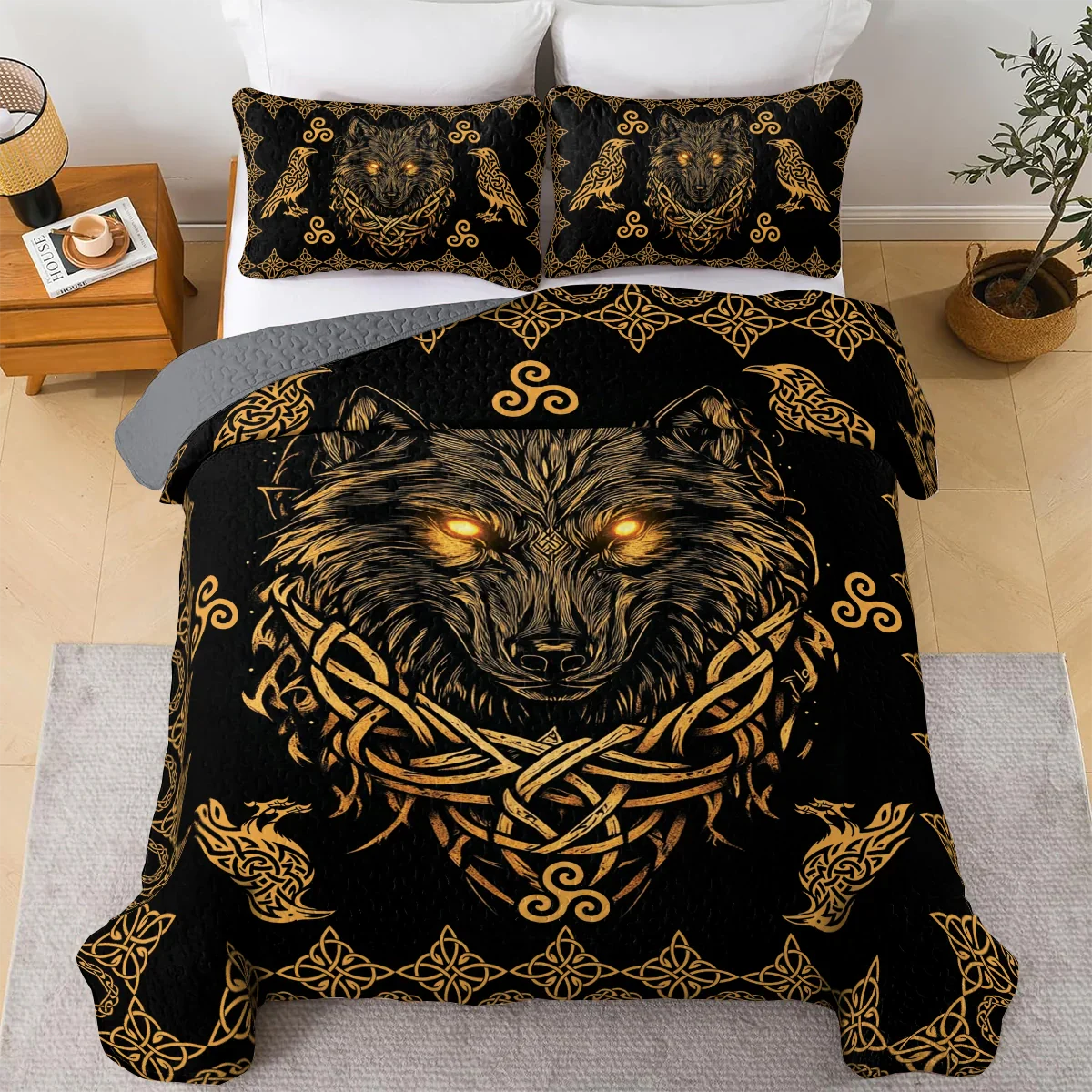 Shineful All Season Quilt 3-Piece Set Celestial Wolf Celtic