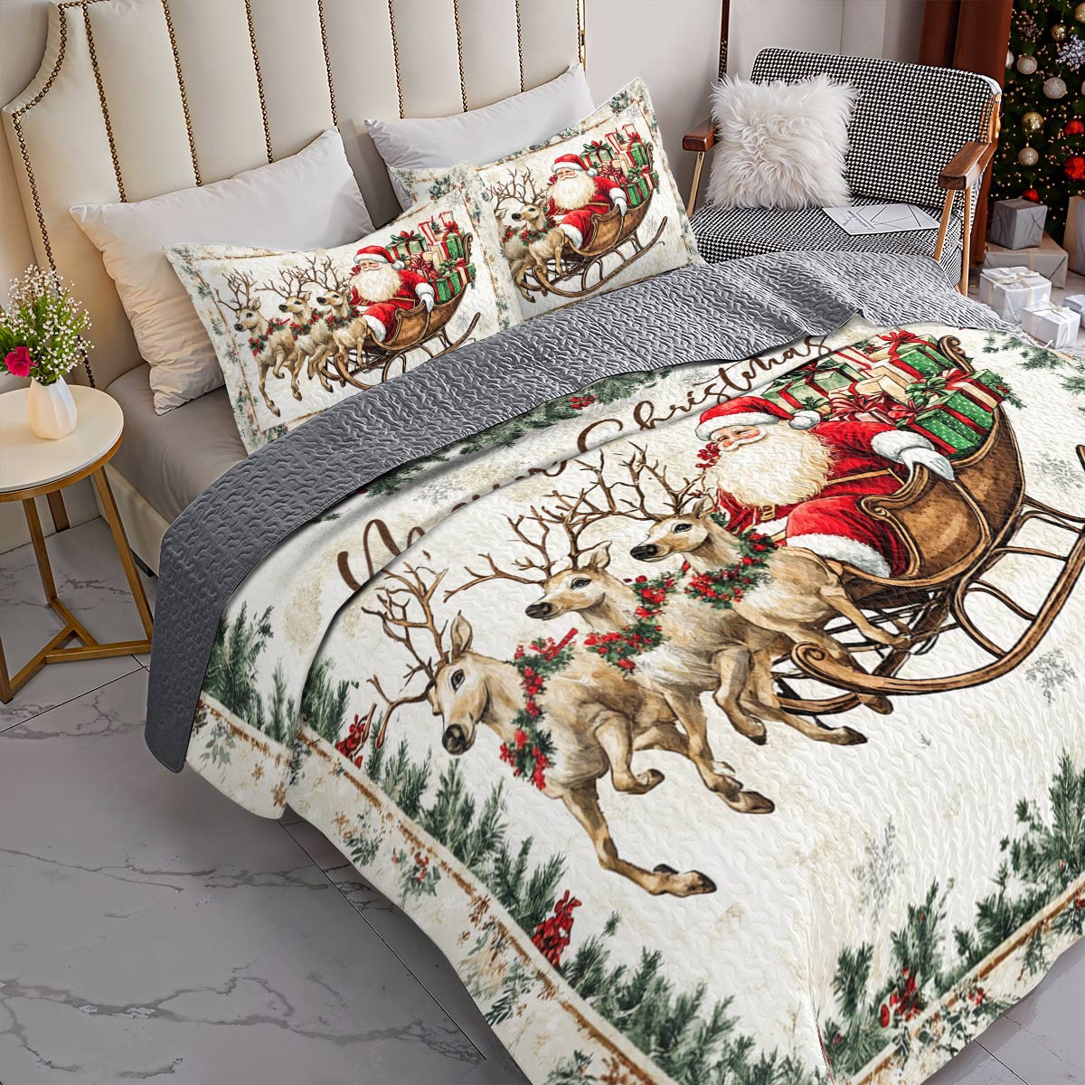 Shineful All Season Quilt 3-Piece Set A Santa In His Sleigh With Gentle Reindeers